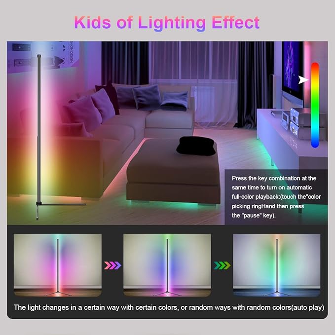RGB Corner Floor Lamp, 47.24in RGB Color Changing Mood Light WIFI APP and Remote Control Music Sync LED 16M Dimmable Modes Modern Floor Lamp for Living Room, Light Timing - LeafyLoom