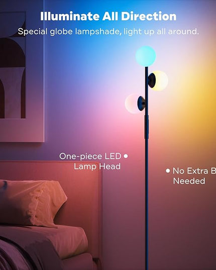 RGBCW Floor Lamp, 3 Globe Bright Color Changing RGB Standing Lamp with Remote, Modern Stepless Dimmable LED Tall Floor Lamps for Living Room Bedroom Office, 30W, 2700-6500K, Black - LeafyLoom