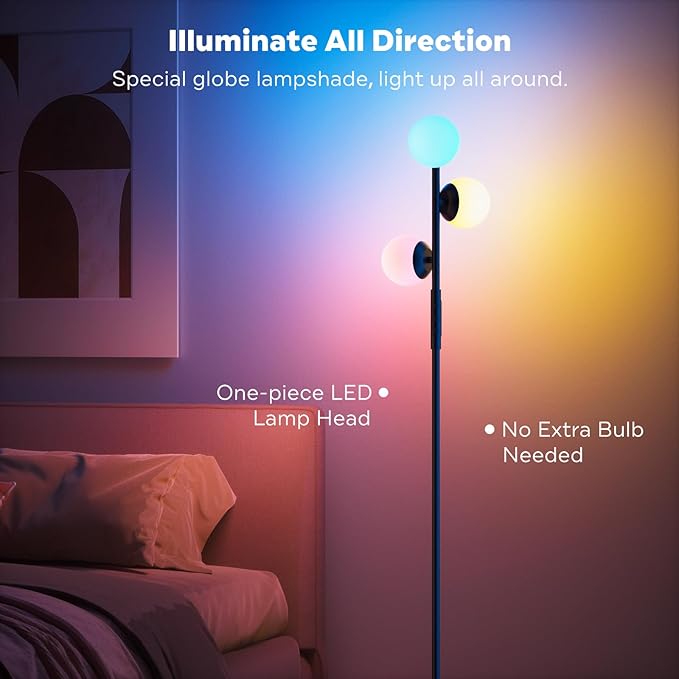 RGBCW Floor Lamp, 3 Globe Bright Color Changing RGB Standing Lamp with Remote, Modern Stepless Dimmable LED Tall Floor Lamps for Living Room Bedroom Office, 30W, 2700-6500K, Black - LeafyLoom
