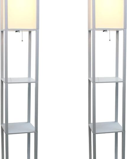 Simple Designs LF1014-GRY-2PK Three Shelf Etagere Organizer Storage Floor Lamp 2 Pack Set with White Linen Shade for Living Room, Bedroom, Office, Hallway, Gray - LeafyLoom