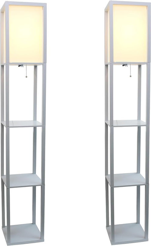 Simple Designs LF1014-GRY-2PK Three Shelf Etagere Organizer Storage Floor Lamp 2 Pack Set with White Linen Shade for Living Room, Bedroom, Office, Hallway, Gray - LeafyLoom