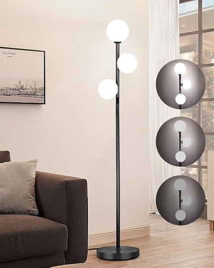 3 Globe Mid Century Modern Floor Lamp for Living Room Decor, Tall Standing Dimmable LED Light for Bedroom Office, Full Range Dimming, Adjustable Color Temperature 3000K-6000K, ETL Listed - Matte Black - LeafyLoom