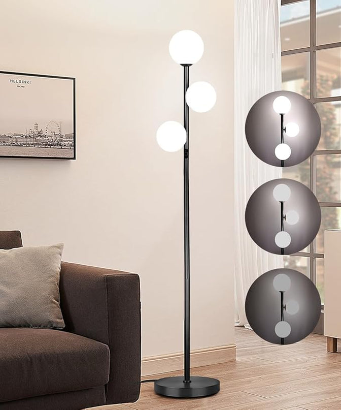 3 Globe Mid Century Modern Floor Lamp for Living Room Decor, Tall Standing Dimmable LED Light for Bedroom Office, Full Range Dimming, Adjustable Color Temperature 3000K-6000K, ETL Listed - Matte Black - LeafyLoom