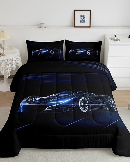 Feelyou Blue Race Car Bedding Set Twin Size for Kids Boys Extreme Sport Games Comforter Set Teens Toddler Fast and Furious Duvet Set Cool Modern Quilt Set 2Pcs - LeafyLoom