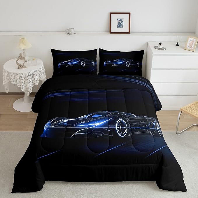 Feelyou Blue Race Car Bedding Set Twin Size for Kids Boys Extreme Sport Games Comforter Set Teens Toddler Fast and Furious Duvet Set Cool Modern Quilt Set 2Pcs - LeafyLoom
