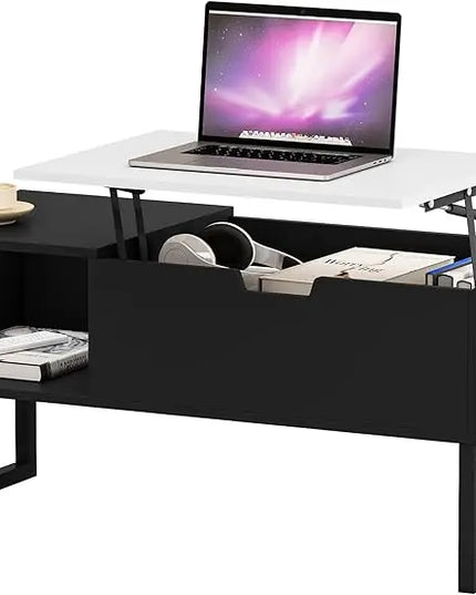 Black Coffee Table with White Lift Top - Modern Industrial Coffee Table with Lifting Top and Hide Compartment Storage - 40 Inch Rectangle Lift Coffee Tables for Living Room - LeafyLoom