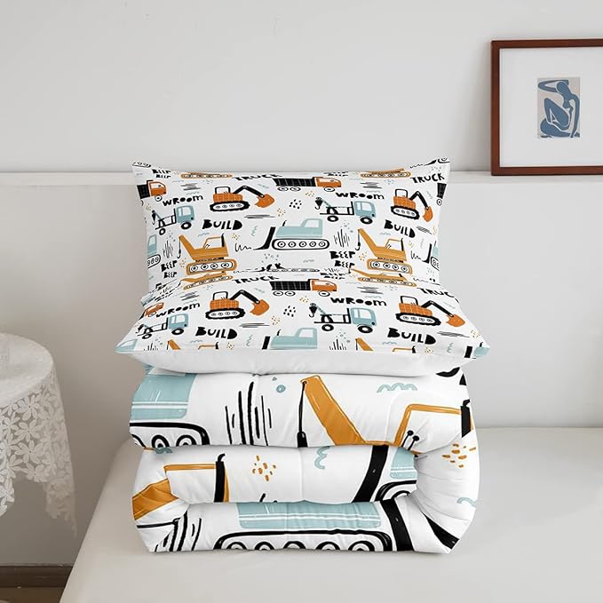 Kids Cartoon Excavator Bedding Set Boys Vehicles Truck Car Comforter Child Cute Building Equipment Comforter Set Funny Construction Transport Duvet Set Colorful Room Decor Full Size Boys - LeafyLoom