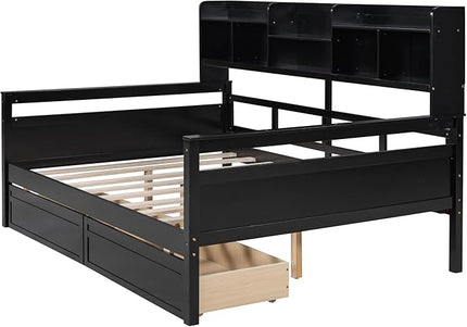 Full Size Daybed with Bedside Shelf and Two Drawers,Multifunctional Storage Solid Wood Bed,W/Wooden Slat Support,No Box Spring Needed,for Bedroom,Living Room,Apartment,Espresso - LeafyLoom