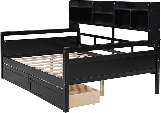 Full Size Daybed with Bedside Shelf and Two Drawers,Multifunctional Storage Solid Wood Bed,W/Wooden Slat Support,No Box Spring Needed,for Bedroom,Living Room,Apartment,Espresso - LeafyLoom