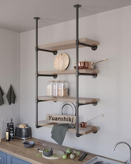 Yuanshikj 2Pc (56" tall 12" deep 3/4") Industrial Wall Mount iron Pipe Shelf Shelves Shelving Bracket Black Bookshelf Bookcase DIY Storage office Kitchen (4Tier Hardware only) - LeafyLoom