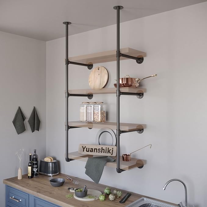 Yuanshikj 2Pc (56" tall 12" deep 3/4") Industrial Wall Mount iron Pipe Shelf Shelves Shelving Bracket Black Bookshelf Bookcase DIY Storage office Kitchen (4Tier Hardware only) - LeafyLoom