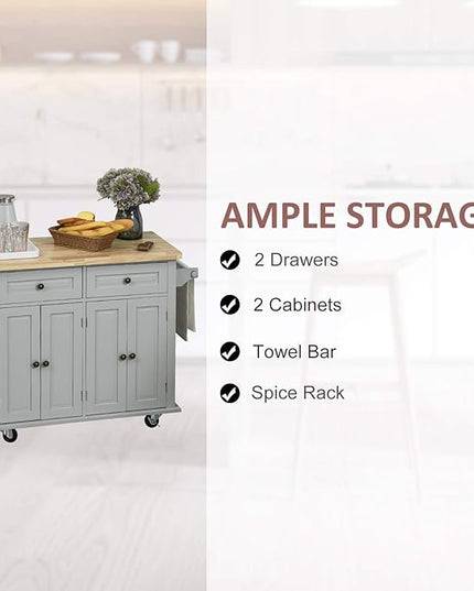 HOMCOM Kitchen Island on Wheels, Rolling Cart with Rubberwood Top, Spice Rack, Towel Rack and Drawers for Dining Room, Grey - LeafyLoom