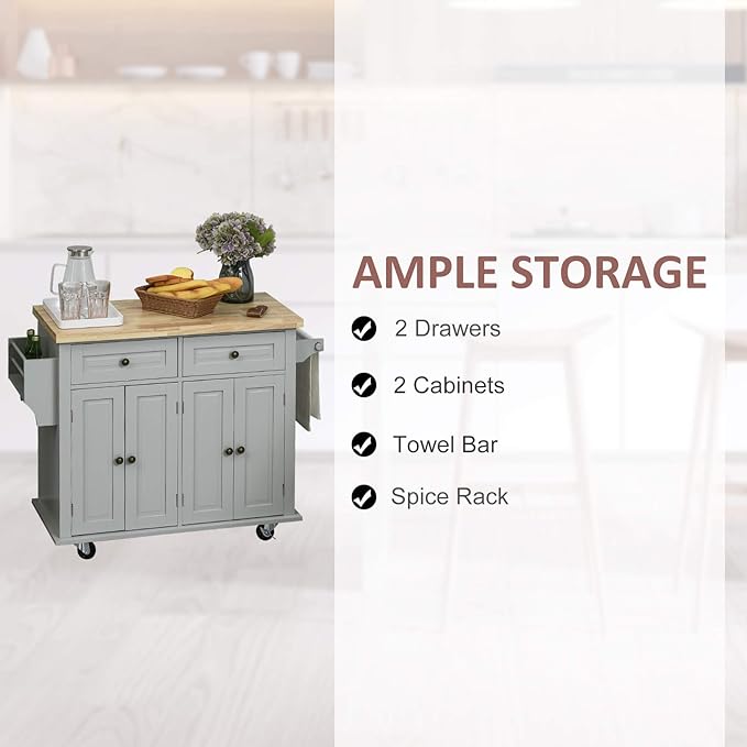HOMCOM Kitchen Island on Wheels, Rolling Cart with Rubberwood Top, Spice Rack, Towel Rack and Drawers for Dining Room, Grey - LeafyLoom