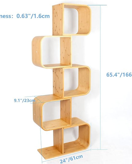 5-Tier S-Shaped Geometric Modern Bamboo Bookshelf, Large Capacity Creative Display Curved Rack Free-standing Bedside Table 2 in 1 Bookcase Storage CDs, DVDs Book Shelf for Home, Office, Living Room - LeafyLoom