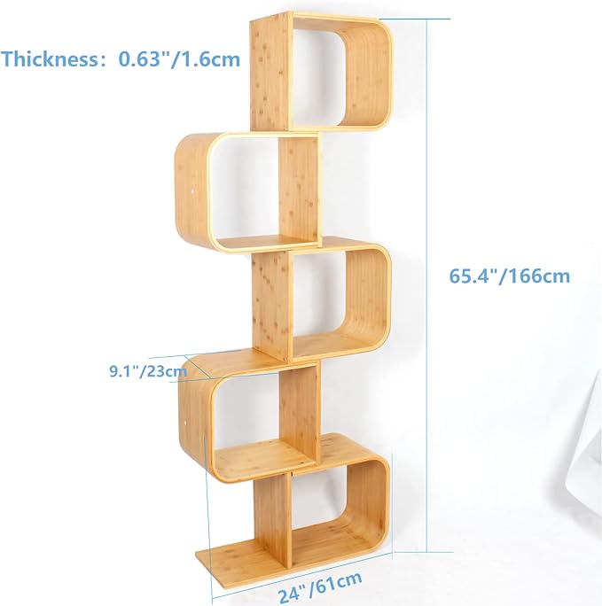 5-Tier S-Shaped Geometric Modern Bamboo Bookshelf, Large Capacity Creative Display Curved Rack Free-standing Bedside Table 2 in 1 Bookcase Storage CDs, DVDs Book Shelf for Home, Office, Living Room - LeafyLoom