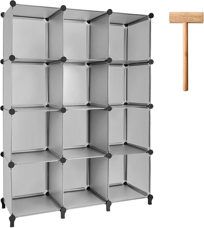 Gold Armour Cube Storage 12-Cube Bookshelf Closet Organizer Storage Shelves Cubes Organizer Plastic Square Book Shelf Bookcase DIY Closet Cabinet Organizer Shelving for Home Office Bedroom (Grey) - LeafyLoom