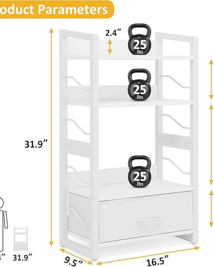 Small Bookshelf with Drawer - 4-Tier Wood Book Shelf Industrial Narrow Bookcase Storage Organizer Metal Stackable Shelves for Desktop Bedroom Living Room Home Office (White) - LeafyLoom