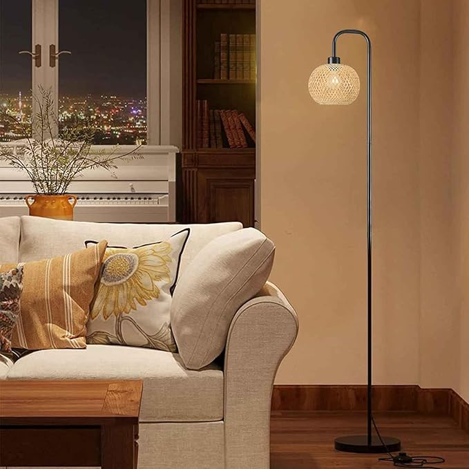 Boho Floor Lamp for Living Room, Industrial Standing Lamp with Handmade Rattan Natural Bamboo Lantern Mini Shade, Tall Pole Light with E26 Socket for Bedroom, Farmhouse,Black(NO Bulb) - LeafyLoom