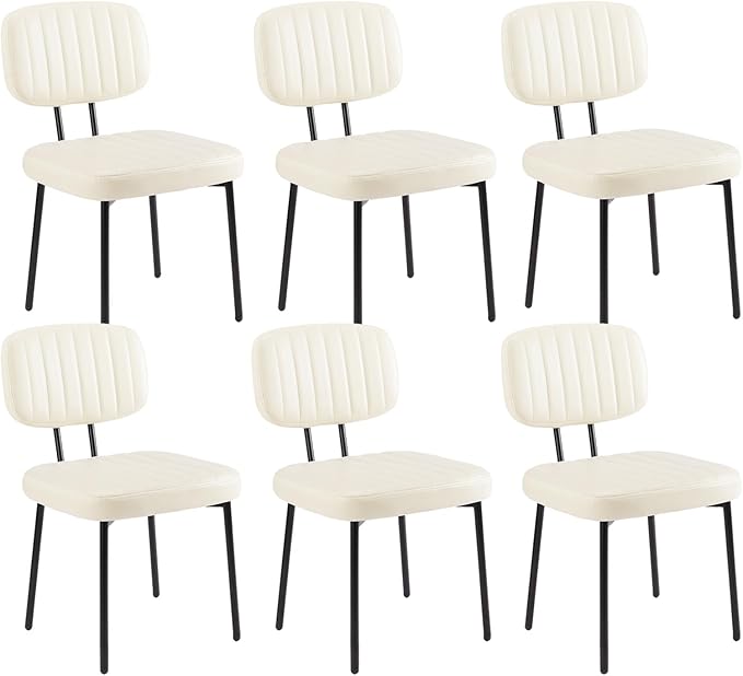 Sweetcrispy Dining Chairs Set of 6, Upholstered Mid Century Modern Kitchen Dining Room Accent Chairs with Faux Leather Cushion Seat & Metal Legs for Kitchen, Living Room - Cream - LeafyLoom