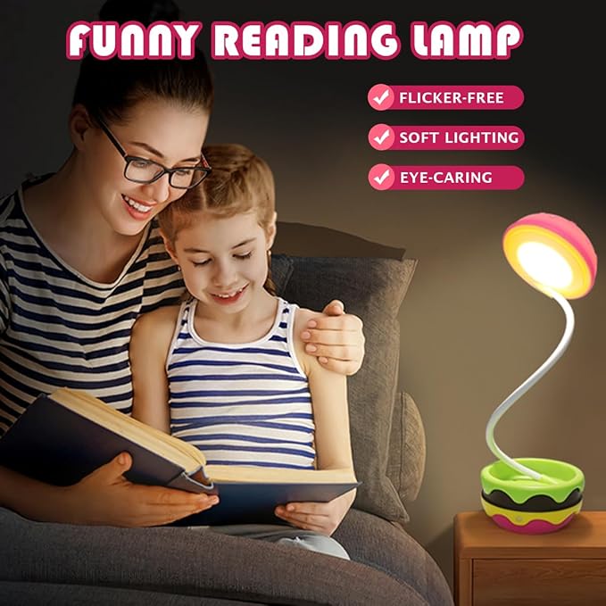 Cute Desk Lamp for Kids, Hamburger Girls Small Desk Lamps Rechargeable with Dimmable Touch Adjustable Neck, Kawaii Desk Lamp Night Lights,Girl Desk Accessories Kawaii Room Decor for Kid Gifts - LeafyLoom