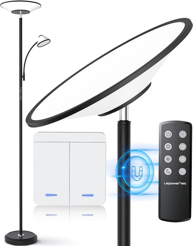 Floor Lamp for Living Room, Bright Standing Lamp with Wall Switch and Remote, 60 Lighting Effects Led Reading Lamp, Torchiere Floor Lamp for Bedroom, Office, Corner - LeafyLoom