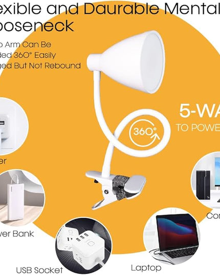 LED Desk Lamp Reading Lamp Clamp Lamp 3 Color Modes 10 Brightness Dimmer Table Lamp with Auto Off Timer Eye-Caring Office Lamp　360° Flexible Gooseneck Clip，AC Adapter Include,White (White) - LeafyLoom