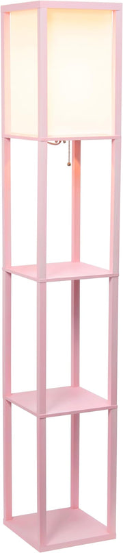 Simple Designs LF1014-LPK-LB Three Shelf Etagere Organizer Storage Floor Lamp with White Linen Shade for Living Room, Bedroom, Office, Hallway, Light Pink, with Feit LED Bulb Included - LeafyLoom