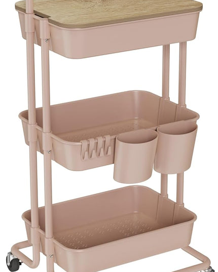DTK 3 Tier Rolling Utility Cart with Cover Top Board, Movable Kitchen Storage Cart Trolley with Lockable Wheels, Cups, Hooks for Kitchen Bathroom Home Office Art Craft Storage and Organization(Pink) - LeafyLoom