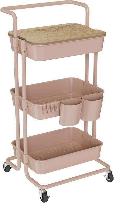 DTK 3 Tier Rolling Utility Cart with Cover Top Board, Movable Kitchen Storage Cart Trolley with Lockable Wheels, Cups, Hooks for Kitchen Bathroom Home Office Art Craft Storage and Organization(Pink) - LeafyLoom