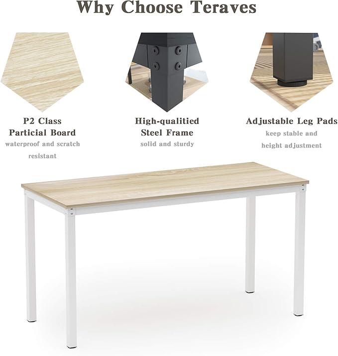 Teraves Computer Desk/Dining Table Office Desk Sturdy Writing Workstation for Home Office (47.24”, Beige + White Frame) - LeafyLoom