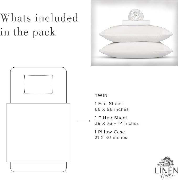 Linen Home Washed Cotton Percale Twin Sheet Set, White, Deep Pocket, 3 Pieces Bed Sheets - 1 Flat Sheet, 1 Fitted Sheet & 1 Envelope Closure Pillowcase, Cool and Comfortable Bed Linen - LeafyLoom