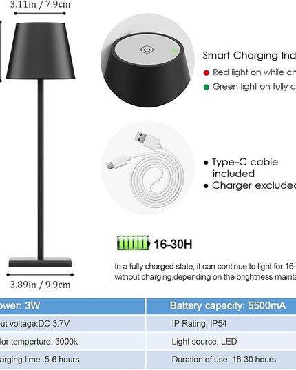 2-Pack LED Cordless Table Lamp, Rechargeable Battery Desk lamp 3W 5500mAh Battery Operated Stepless Dimming Modern Portable Table Light for Restaurant/Dinner/Bedroom/Outdoor IP54 Waterproof (Black) - LeafyLoom
