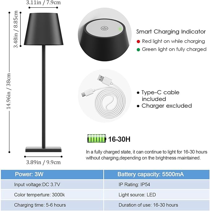 2-Pack LED Cordless Table Lamp, Rechargeable Battery Desk lamp 3W 5500mAh Battery Operated Stepless Dimming Modern Portable Table Light for Restaurant/Dinner/Bedroom/Outdoor IP54 Waterproof (Black) - LeafyLoom