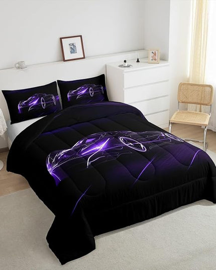 Feelyou Dull Purple Race Car Bedding Set Full Size for Kids Boys Extreme Sport Games Comforter Set Teens Toddler Fast and Furious Duvet Set Cool Modern Quilt Set 3Pcs - LeafyLoom