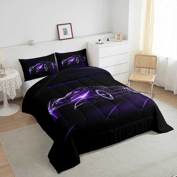 Feelyou Dull Purple Race Car Bedding Set Queen Size for Kids Boys Extreme Sport Games Comforter Set Teens Toddler Fast and Furious Duvet Set Cool Modern Quilt Set 3Pcs - LeafyLoom
