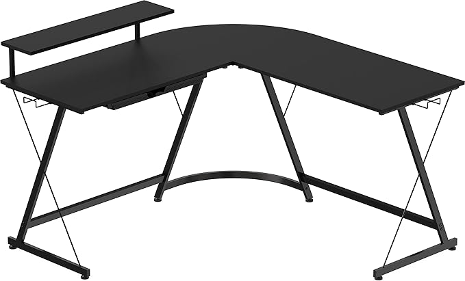 SHW Vista L-Shape Desk with Monitor Stand, Black - LeafyLoom