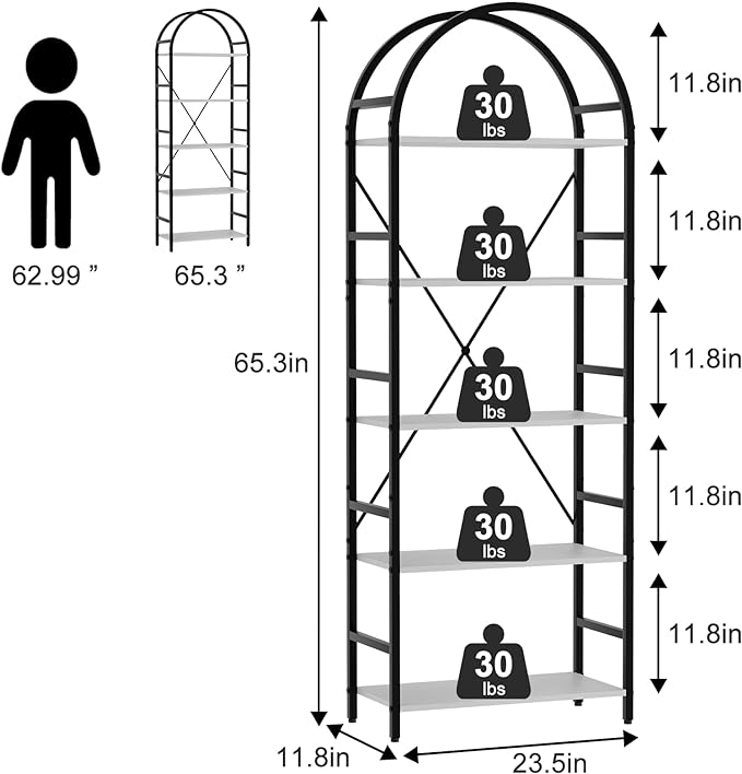 5-Tier Bookshelf, 24 Inch Width Industrial Arched Bookcase, Vintage Storage Rack with Open Shelves, Free Standing Shelf for Home Office, Living Room,Bedroom, Black & White - LeafyLoom