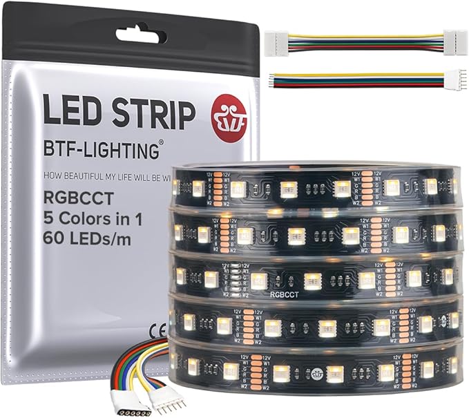 BTF-LIGHTING RGBCCT 5 Colors in 1 LED 5050SMD RGBWW RGB+Dimmable Tunable Color Temperature 2700K-6500K 16.4ft 60LEDs/m 300LEDs DC12V Multi-Colored Lights IP67 for Decoration(No Adapter or Controller) BTF-LIGHTING