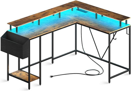 L Shaped Gaming Desk with Power Outlets & LED Lights, Computer Desk with Monitor Stand & Storage Shelf, Home Office Desk Corner Desk with Hooks, Easy to Assemble, Rustic Brown - LeafyLoom