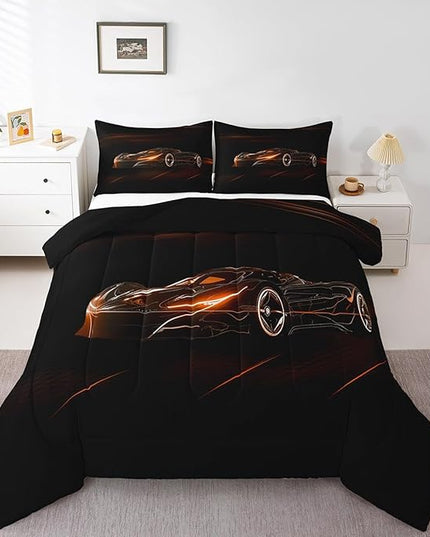 Feelyou Orange Race Car Bedding Set King Size for Kids Boys Extreme Sport Games Comforter Set Teens Toddler Fast and Furious Duvet Set Cool Modern Quilt Set 3Pcs - LeafyLoom