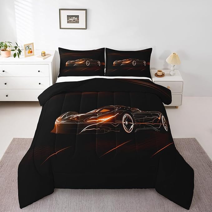 Feelyou Orange Race Car Bedding Set King Size for Kids Boys Extreme Sport Games Comforter Set Teens Toddler Fast and Furious Duvet Set Cool Modern Quilt Set 3Pcs - LeafyLoom