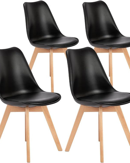 OLIXIS Set of 4 Dining Kitchen Mid-Century Modern Chairs with Wood Legs and PU Leather Cushion for Living Room Bedroom Outdoor Lounge, Black - LeafyLoom