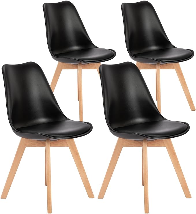 OLIXIS Set of 4 Dining Kitchen Mid-Century Modern Chairs with Wood Legs and PU Leather Cushion for Living Room Bedroom Outdoor Lounge, Black - LeafyLoom
