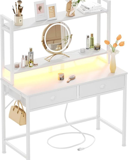 Furologee Small White Computer Desk with Power Outlet and 2 Fabric Drawers, 40" Makeup Vanity Desk with LED Light, Home Office Desk with Monitor Stand, Gaming Desk with Hutch for Small Space - LeafyLoom