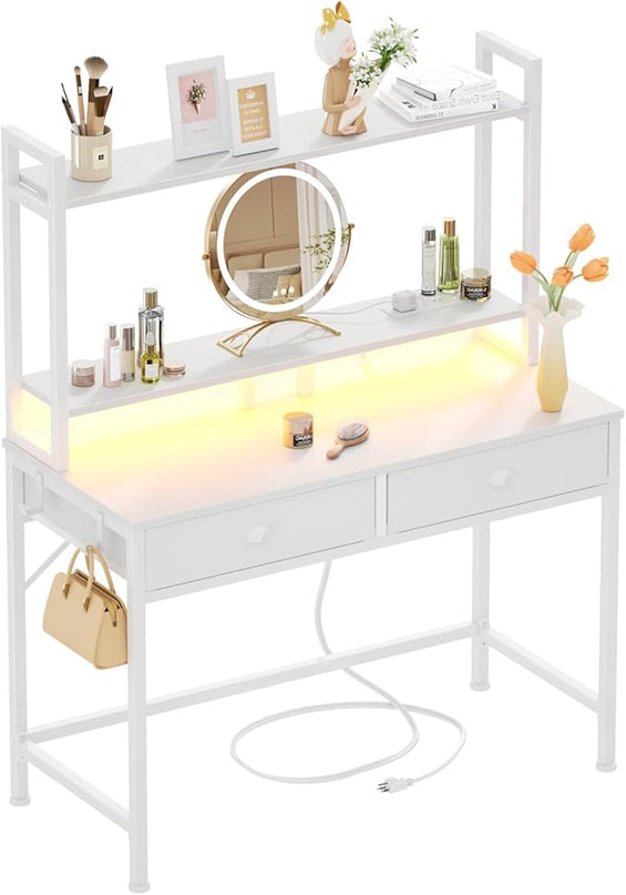 Furologee Small White Computer Desk with Power Outlet and 2 Fabric Drawers, 40" Makeup Vanity Desk with LED Light, Home Office Desk with Monitor Stand, Gaming Desk with Hutch for Small Space - LeafyLoom