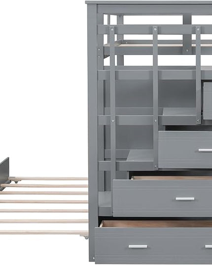 Twin Over Twin Bunk Bed with Stairs, 4 Storage Drawers and Trundle, Wooden Bunkbeds with Staircase and Full-Length Guardrails, for Kids/Teens Bedroom, Gray - LeafyLoom