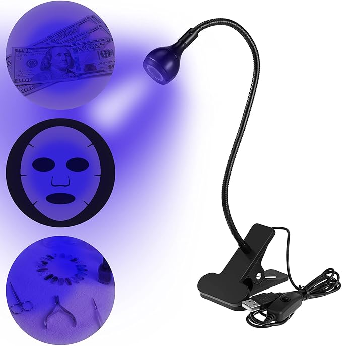 Big Chip 395nm UV LED Light Fixtures with Gooseneck and Clamp Mini Desk Light Clamp Portable Gooseneck for Outdoor Stall Gel Nail Curing, 5V USB Input(Black,1 Piece) - LeafyLoom