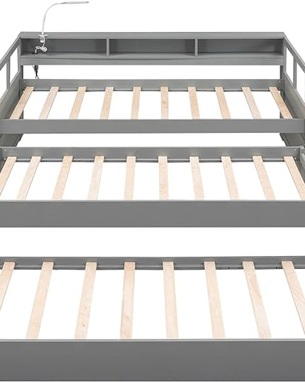Twin XL Wood Daybed with 2 Trundles, 3 Storage Cubbies, 1 Light for Free and USB Charging Design, for Bedroom/Living Apartment/Guest-Room,Gray - LeafyLoom