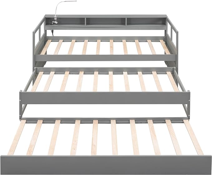Twin XL Wood Daybed with 2 Trundles, 3 Storage Cubbies, 1 Light for Free and USB Charging Design, for Bedroom/Living Apartment/Guest-Room,Gray - LeafyLoom