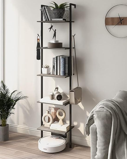 Retro Bookshelf Wall Mounted 5-Tiers Ladder Shelf Dark Grey Narrow Thin Bookshelf Farm House Open Display Storage Rack for Living Room Bedroom Home Office - LeafyLoom